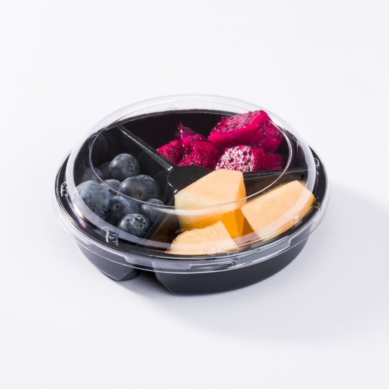 XGL-160 Three-Compartment Black PET Round Fresh-Cut Fruit Container With Label Area Clear Lid