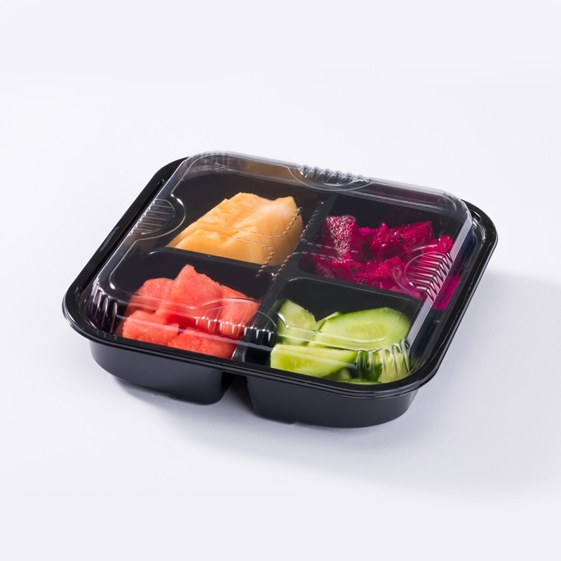 XGL-118B Four-Compartment Black PET Square Fresh-Cut Fruit Container With Clear Lid